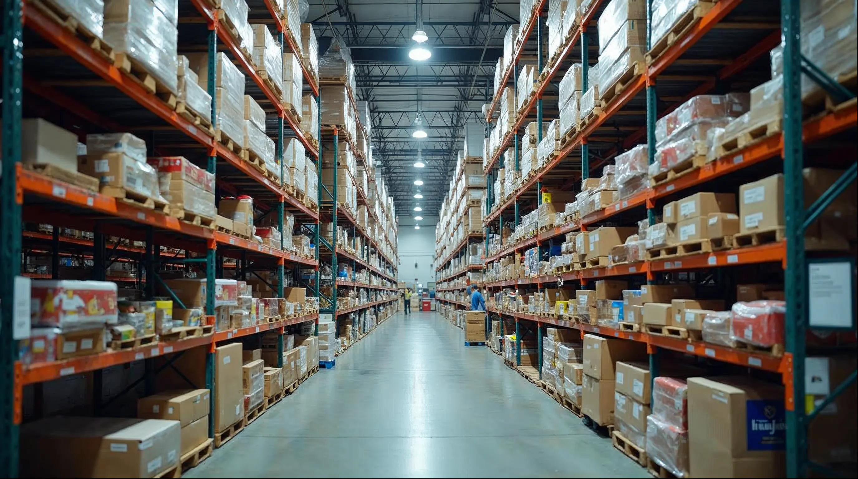 Organized warehouse shelving with consumer products
