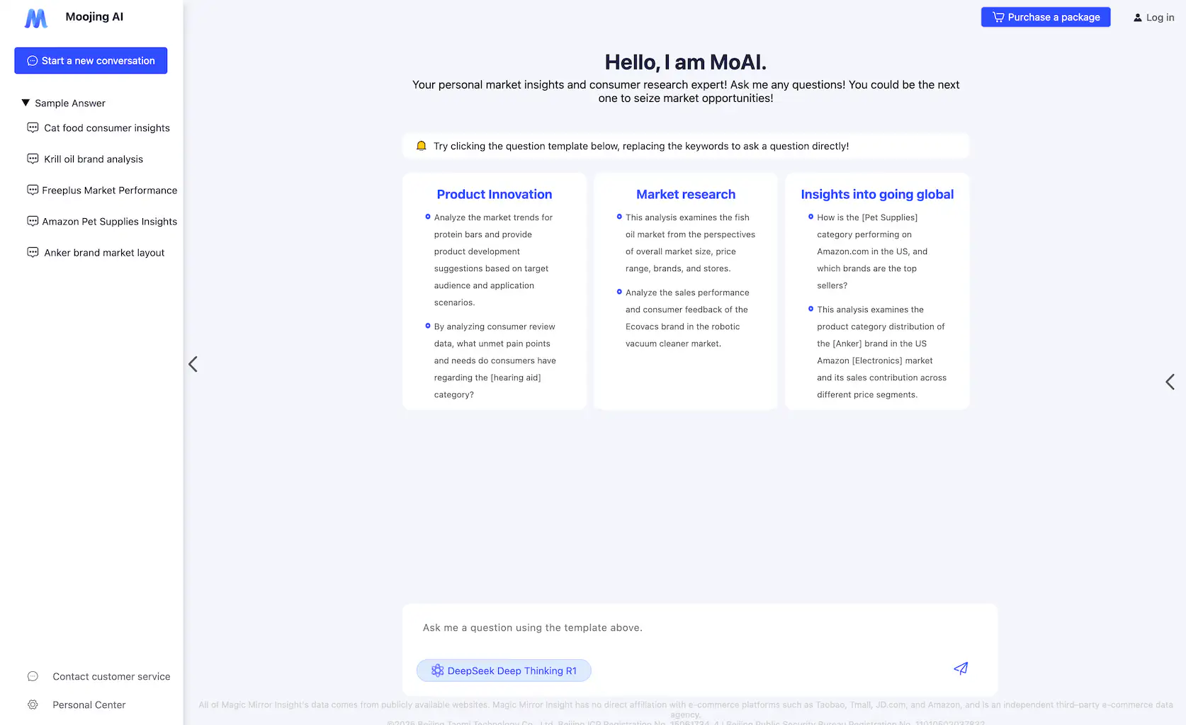MoAI conversational AI interface showing natural language market research queries and detailed analysis reports