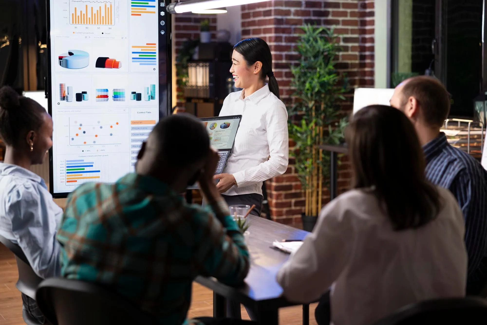 Team reviewing market analytics data on screen