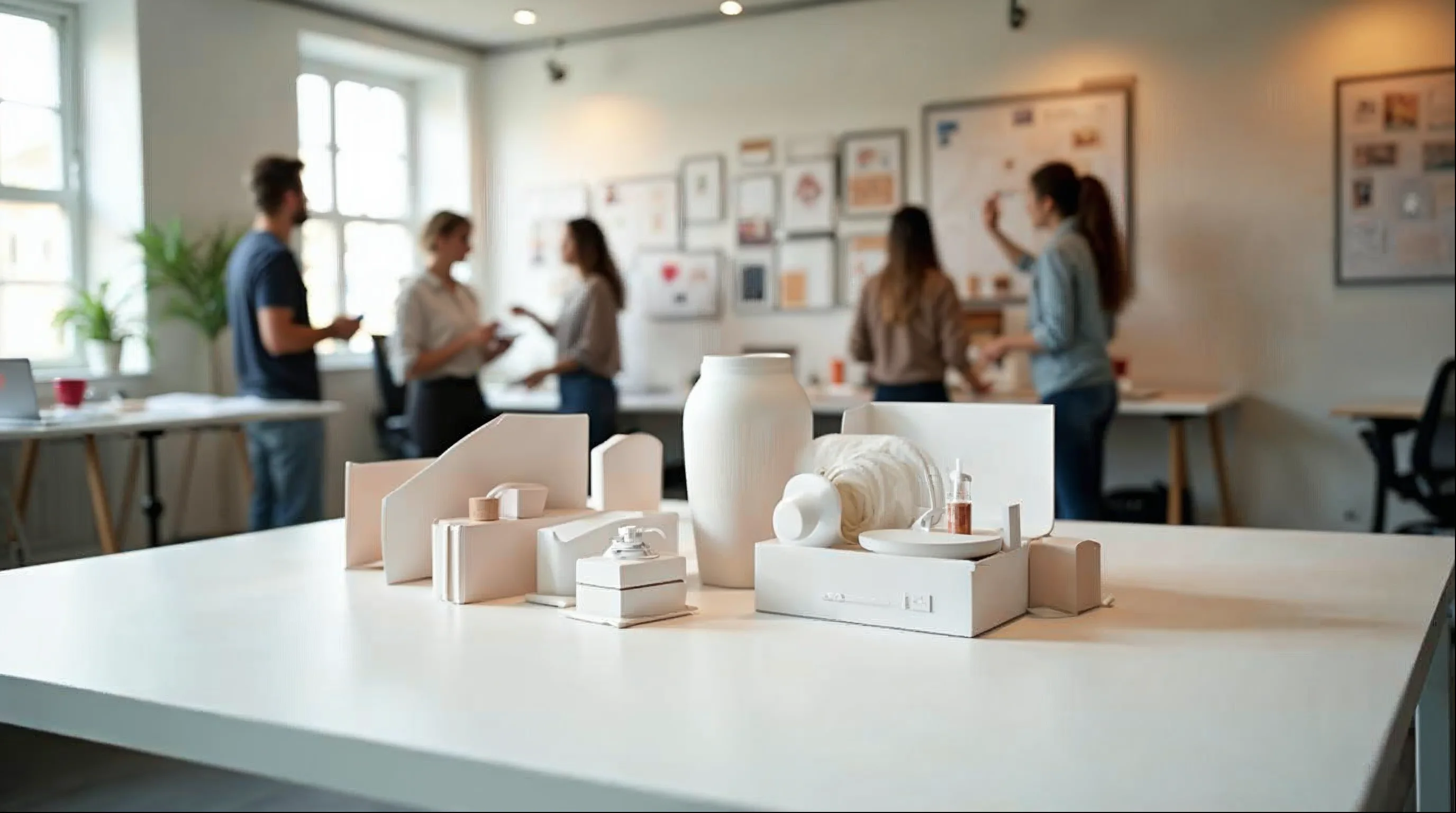 Product innovation lab with prototype packaging concepts on a clean workspace